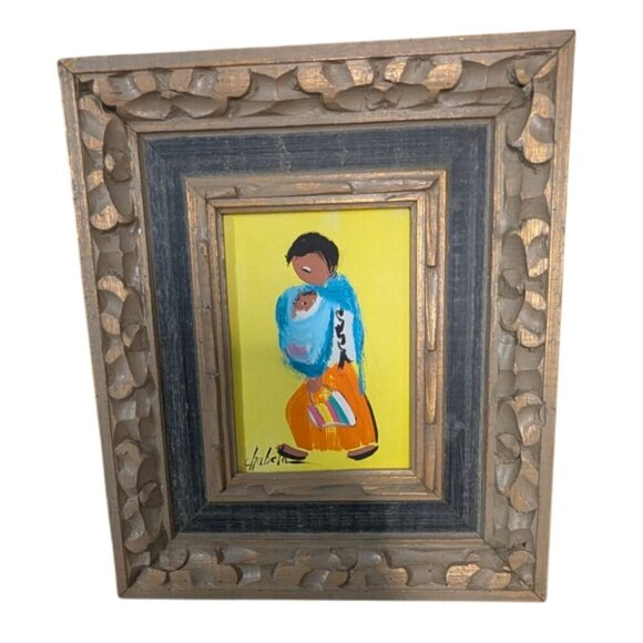 Signed "Chabela" Oil Painting on Board Woman Child Colorful Bag Ornate Frame - Picture 1 of 11